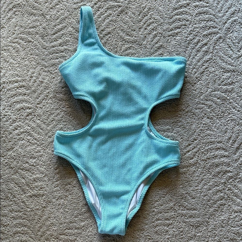 Victorias Secret Light Blue Ribbed One Shoulder Padded Cutout One Piece Swimwear